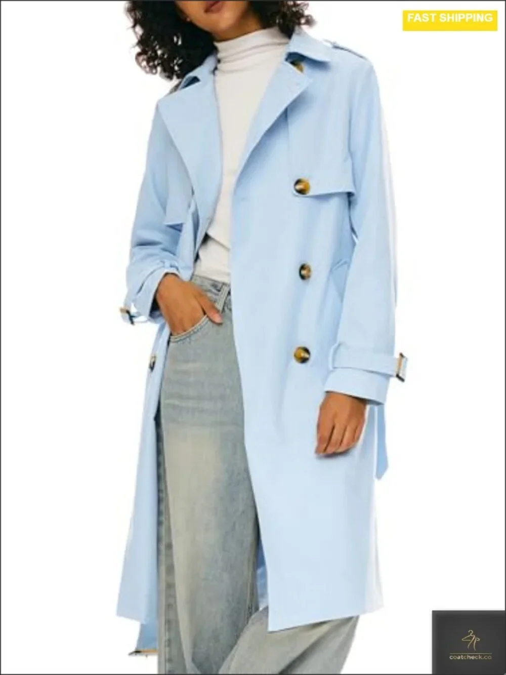 Women's 3/4 Length Double Breasted Trench Coat Belted Notch Lapel Lightweight